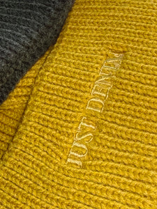 Artic mustard ice knit beanie available online at Just Denim